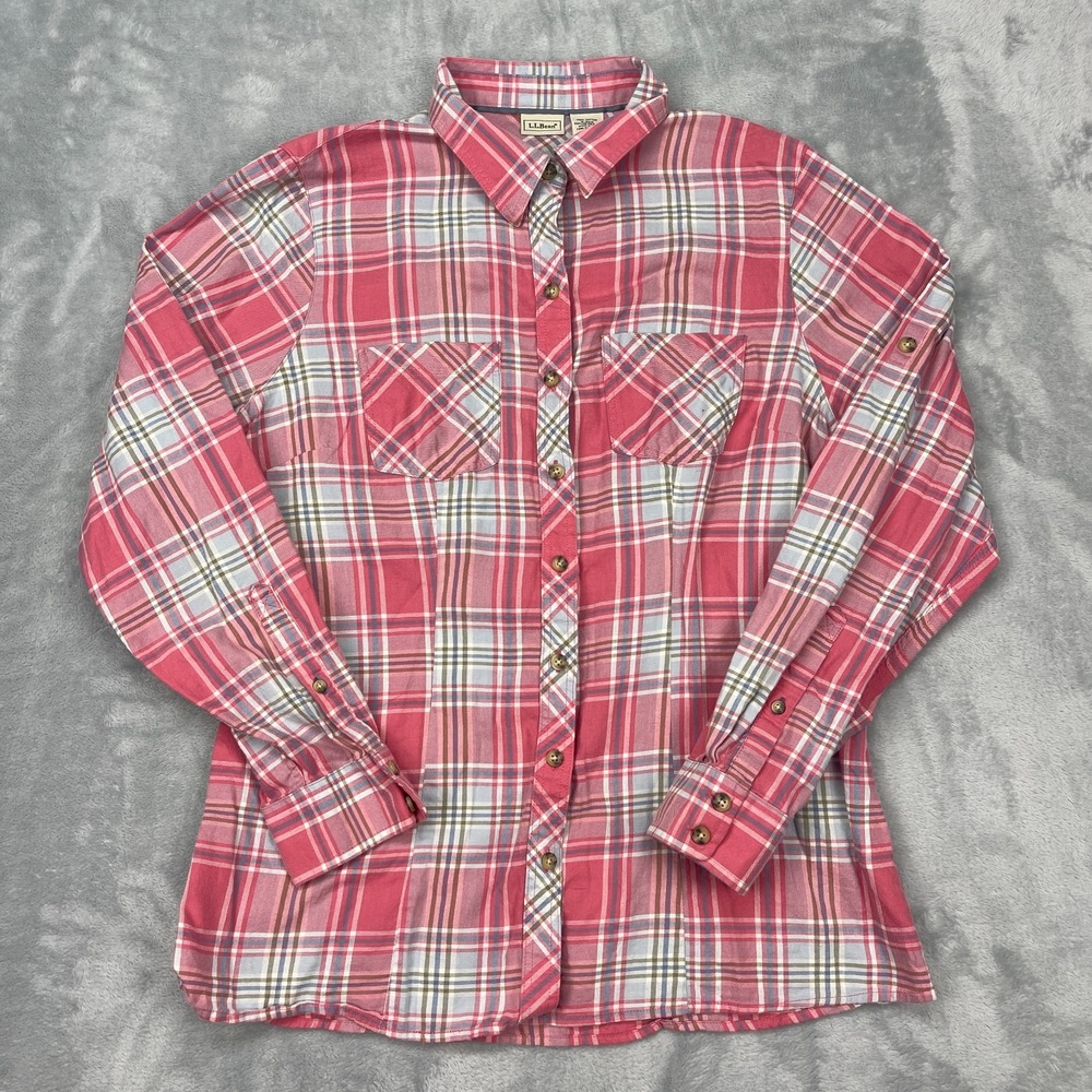 L.L. Bean Shirt Mens S Multi Plaid Cotton Detail Pockets Long Sleeve Button‎ Up